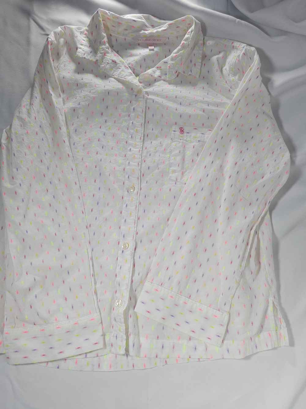 Victoria's Secret White Pajama Set with Neon Pink and Neon Yellow Dot Accents - Picture 4 of 7